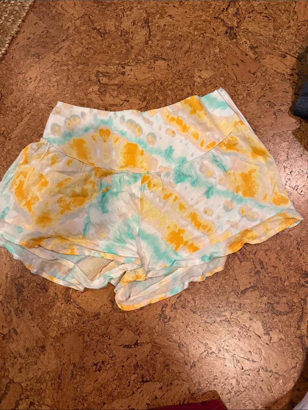 Altar'd State Yellow & Teal Tie-Dye Ruffle Shorts